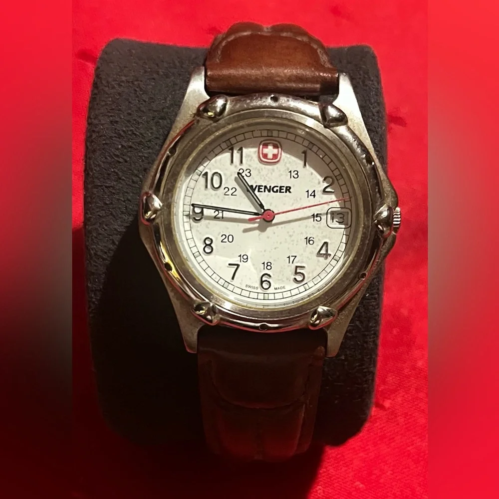 Vintage Wenger Silver Case Watch with Brown Leather Strap